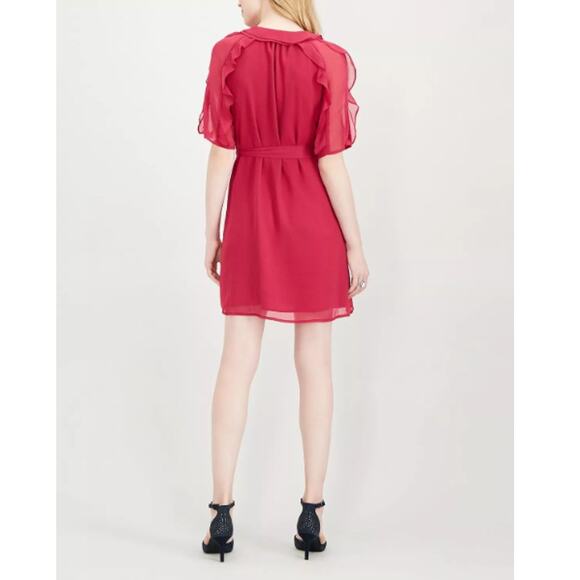NEW MAISON JULES Red Ruffle Short Sleeve Belted Shirt Dress Size S - Picture 2 of 10